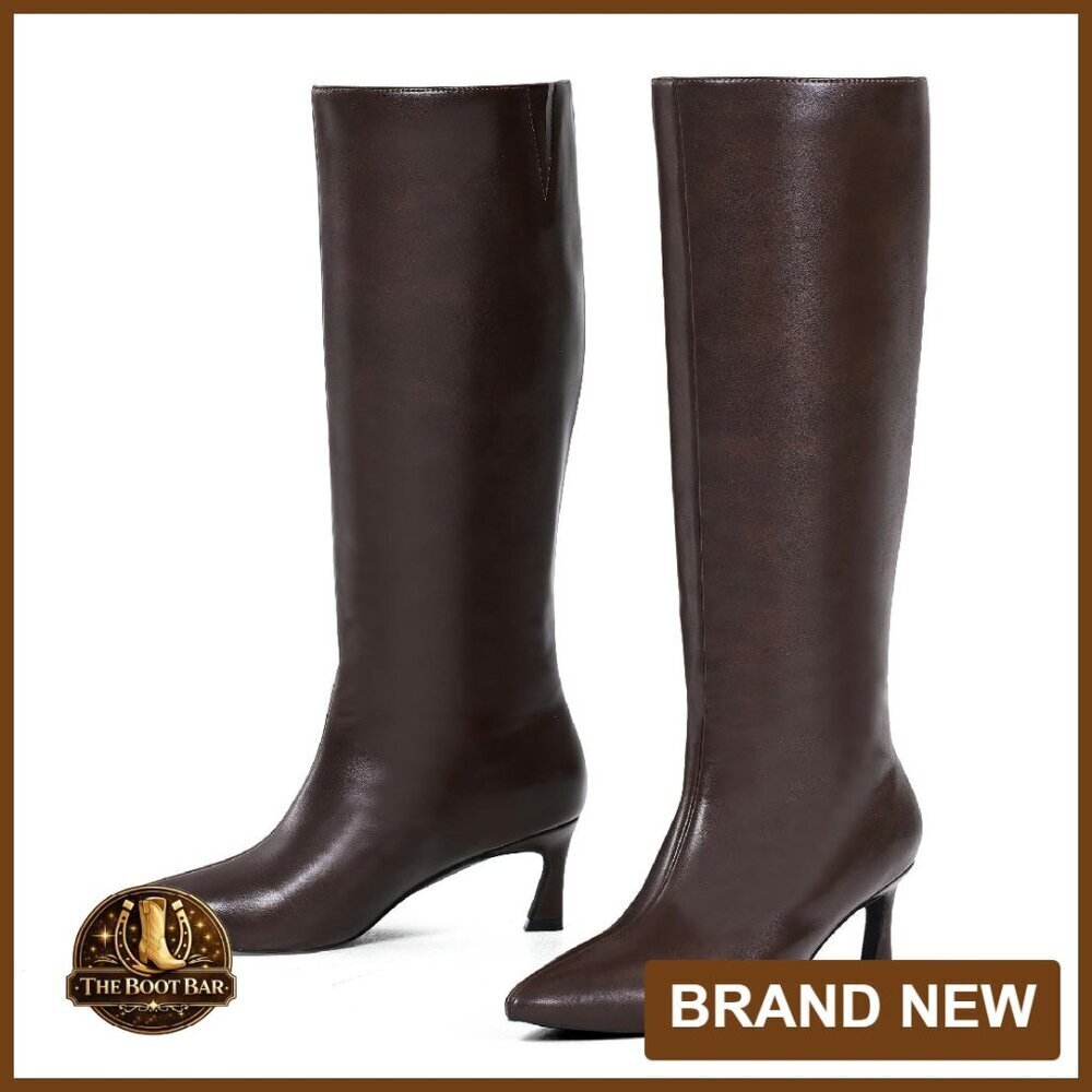 Knee High Boots 2.3 Inch Kitten Heel Pointed Toe PU Leather Women's Shoes
